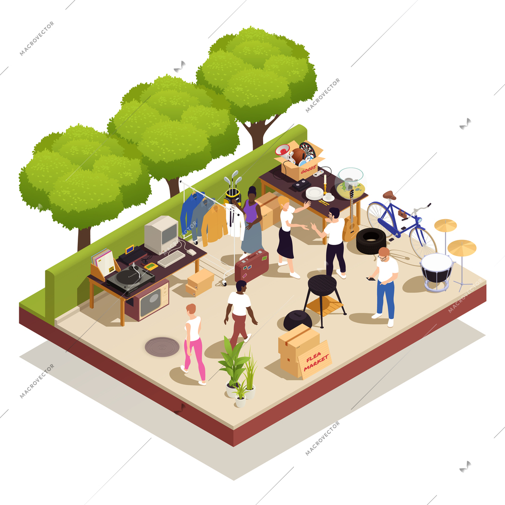 Flea market and garage sale isometric compositions with people choosing vintage items and the park vector illustration