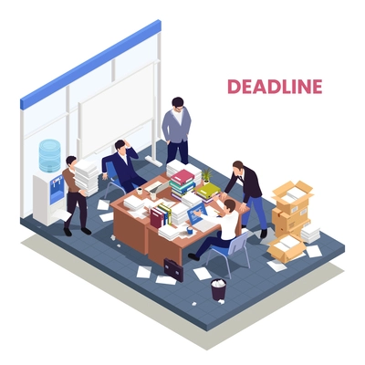 Disorganized chaotic office work isometric composition with frustrated employees missing deadline vector ilustration