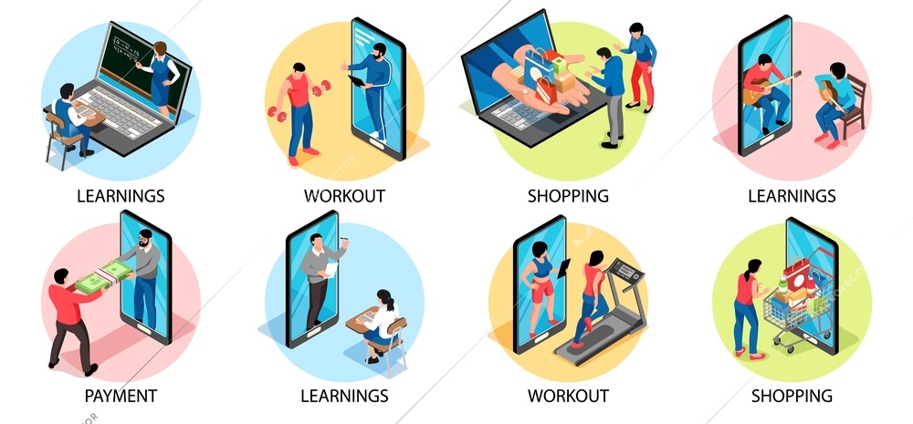 Online service round composition set with workout and payment symbols isometric isolated  vector illustration