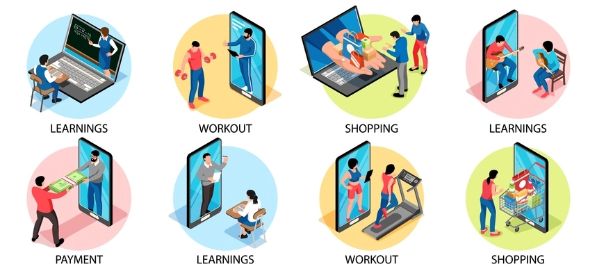 Online service round composition set with workout and payment symbols isometric isolated  vector illustration