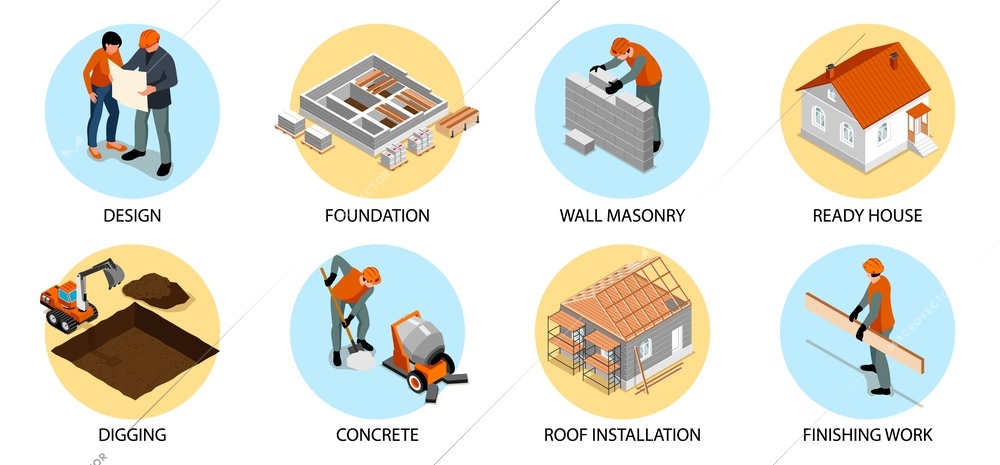 House construction round composition set with wall masonry symbols isometric isolated  vector illustration