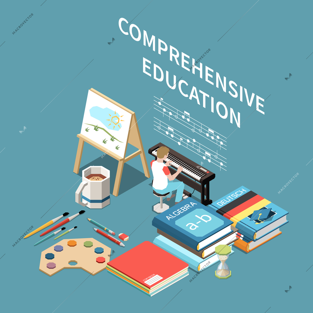 Isometric comprehensive education composition with student playing piano books stationery and tools for various school subjects 3d vector illustration