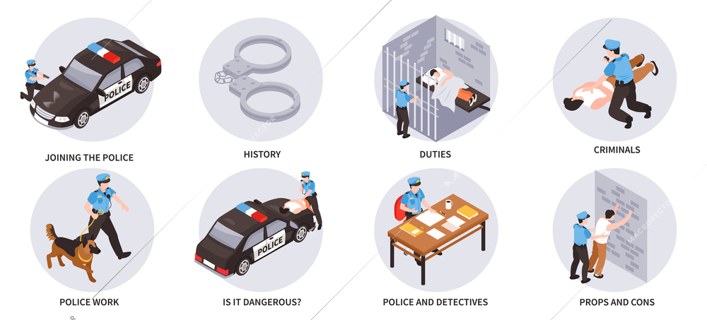 Police work isometric compositions with policemen on duties in prison in office  outdoors with dog and on criminal detention isolated vector illustration