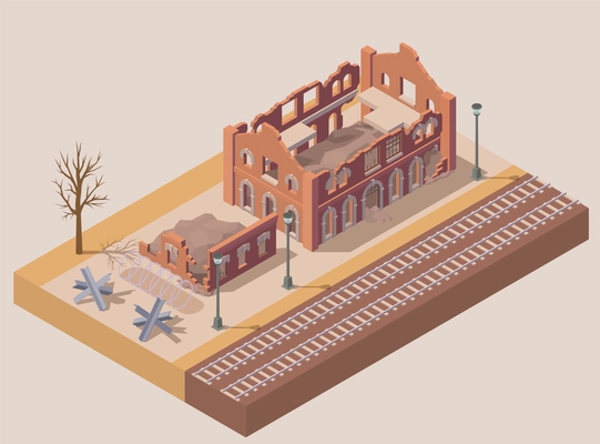 Ruined destroyed city building with railway isometric vector illustration