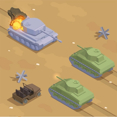 WWII military vehicles isometric composition with tank battle vector illustration