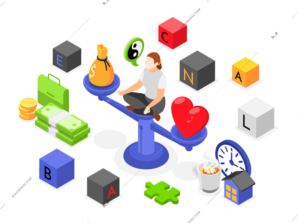 Balancing in life isometric composition with 3d elements and woman sitting in lotus position on scales vector illustration