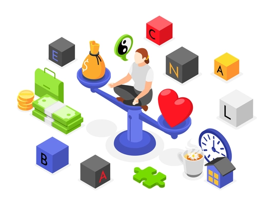 Balancing in life isometric composition with 3d elements and woman sitting in lotus position on scales vector illustration