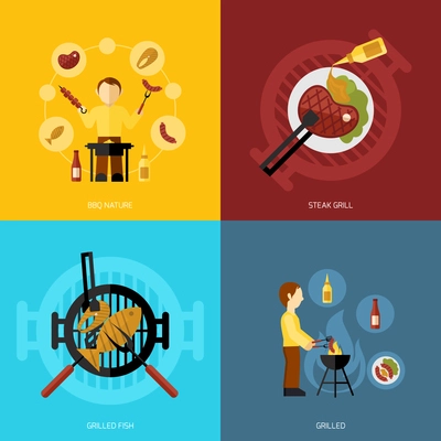 Bbq grill design concept set with fish and meat steaks cooking icon flat isolated vector illustration