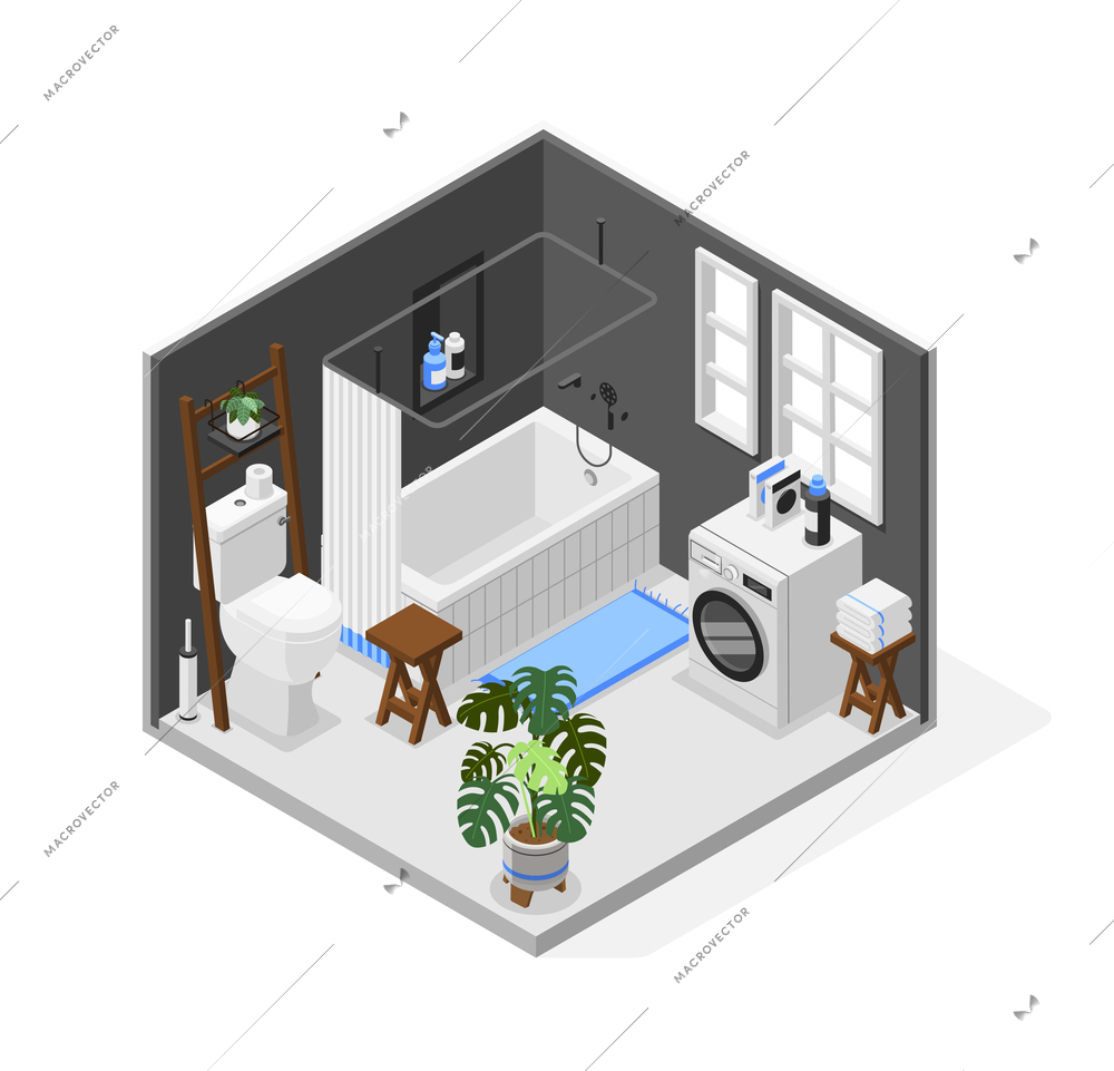 Isometric small bathroom interior composition with white bathtub toilet washing machine house plant 3d vector illustration