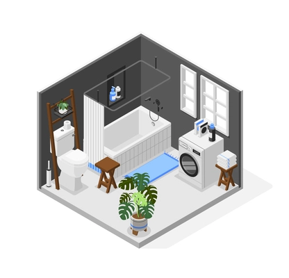 Isometric small bathroom interior composition with white bathtub toilet washing machine house plant 3d vector illustration