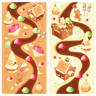 Candy land isometric board game set with vertical fields of play and images of gingerbread houses vector illustration