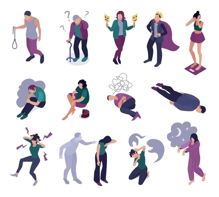 Isometric mental disorders icon set suicidal thoughts depression anxiety confusion stress sleepwalking nightmares eating disorders descriptions vector illustration