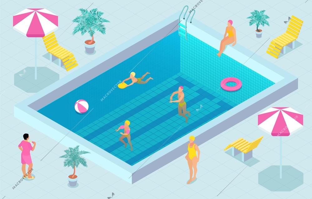 Colored isometric swimming pool composition bright sunny pool with people swimming in it vector illustration