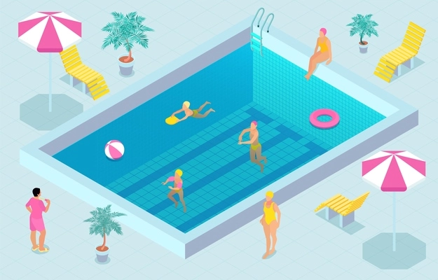 Colored isometric swimming pool composition bright sunny pool with people swimming in it vector illustration