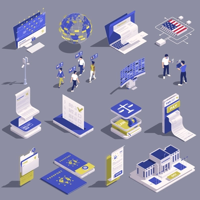Digital government isometric concept with different public services icons isolated vector illustration