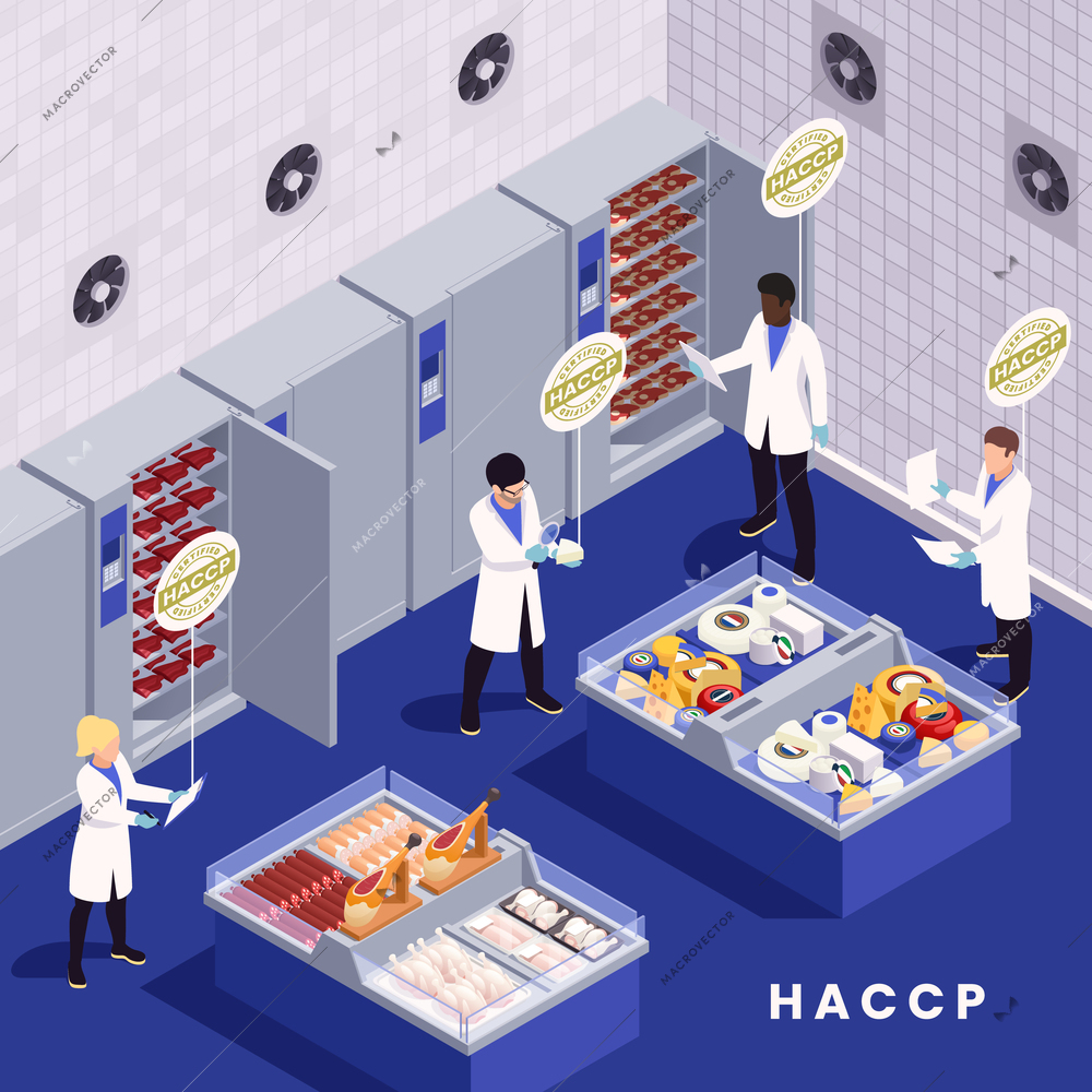 HACCP food safety concept with scientists inspecting grocery store vector illustration