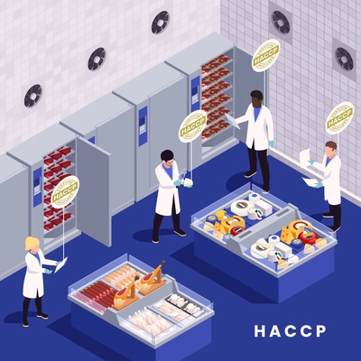 HACCP food safety concept with scientists inspecting grocery store vector illustration