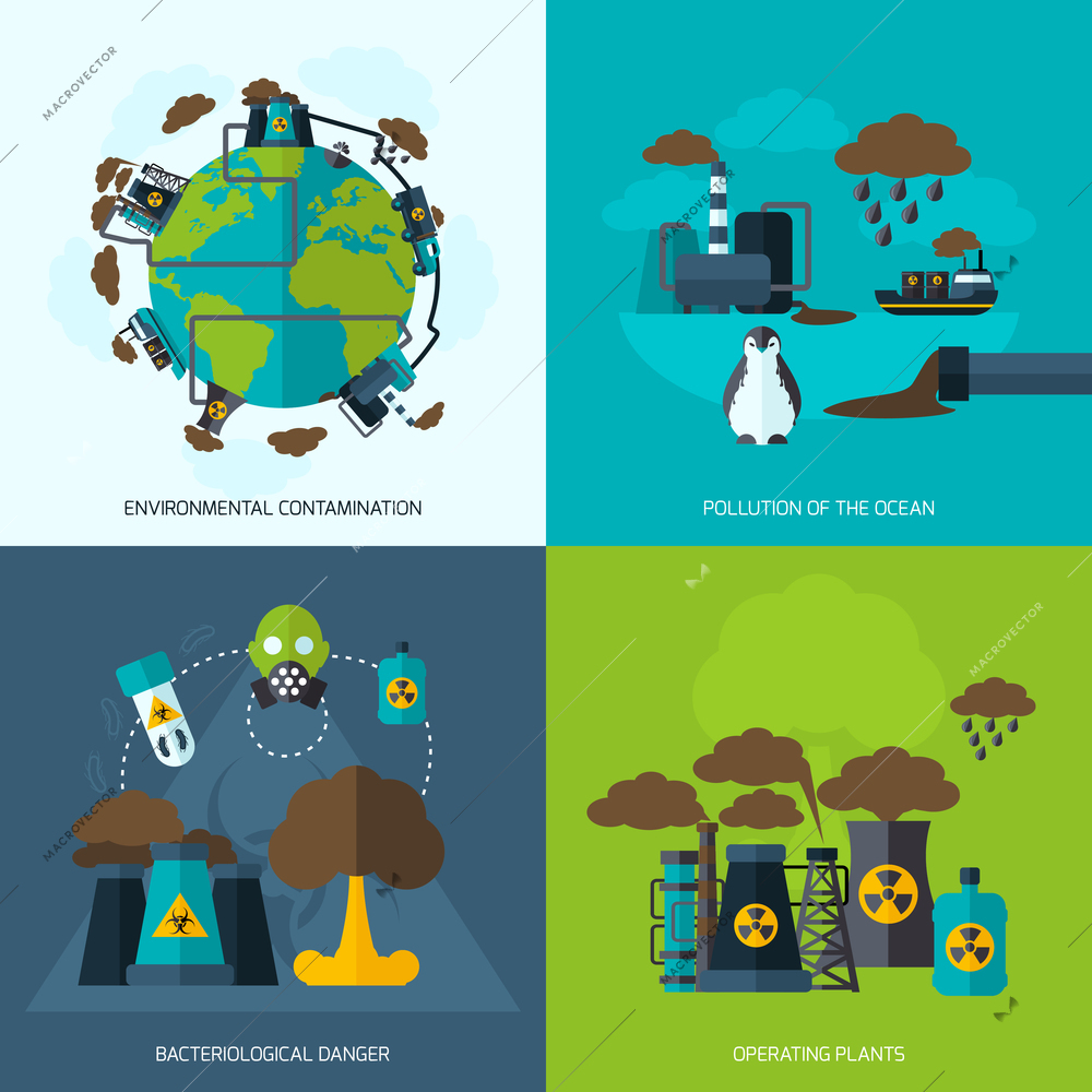 Pollution design concept set with environmental contamination bacteriological danger operating plants flat icons isolated vector illustration