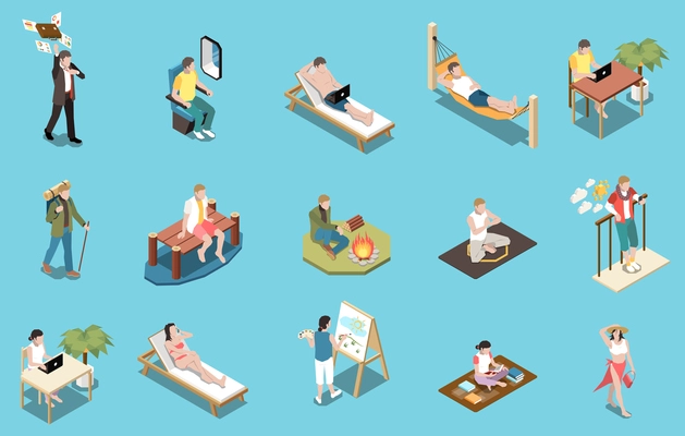 Downshifting isometric set with people escaping from office travelling doing hobbies self development isolated on blue background 3d vector illustration