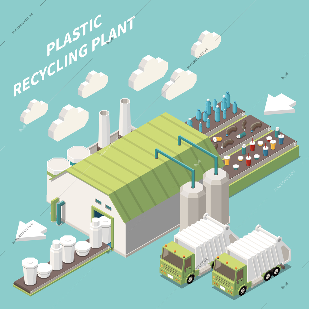Recycling plant building with two garbage trucks isometric composition on colored background 3d vector illustration