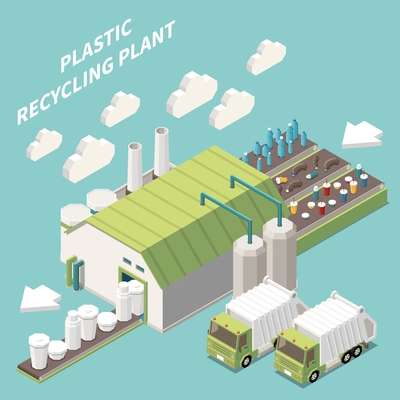 Recycling plant building with two garbage trucks isometric composition on colored background 3d vector illustration