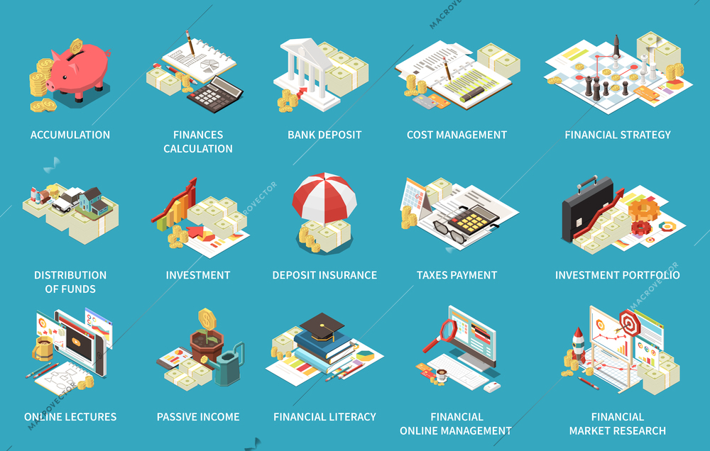 Financial literacy and budget planning isometric 3d icons set with investment management bank deposit strategy isolated on blue background 3d vector illustration