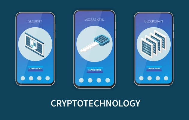 Isometric crypto technology blockchain access keys security mobile web banners set isolated on dark background 3d vector illustration