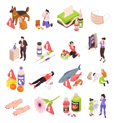 Isometric allergy set with isolated icons of allergen food pets and flowers with suffering human characters vector illustration