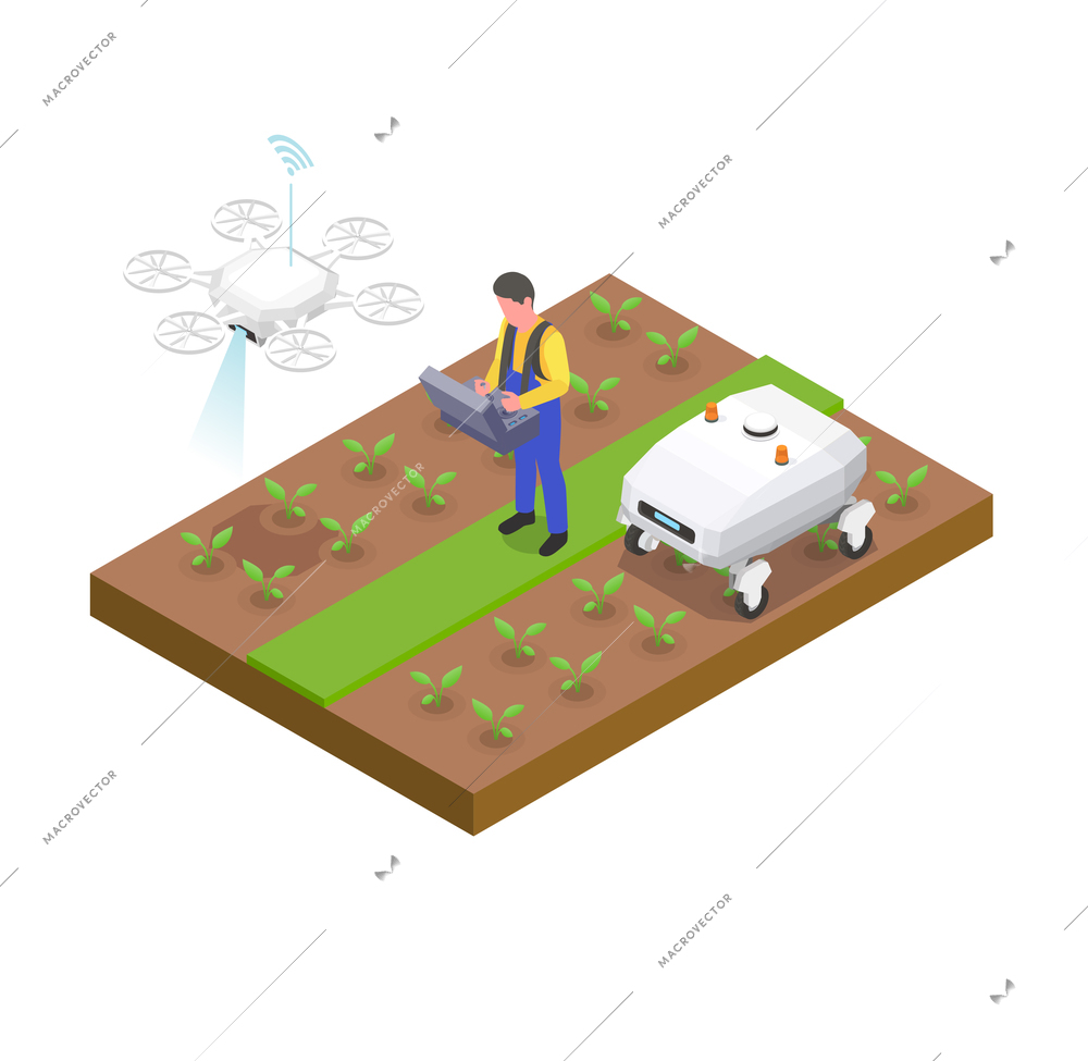 Agriculture automation and smart farming composition with drone watering the field vector illustration