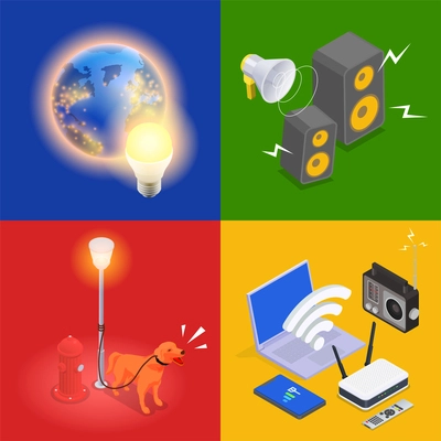 Noise light and electromagnetic pollution isometric 2x2 set isolated vector illustration