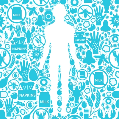 Allergy symptoms background with human silhouette and allergens and medicine symbols vector illustration