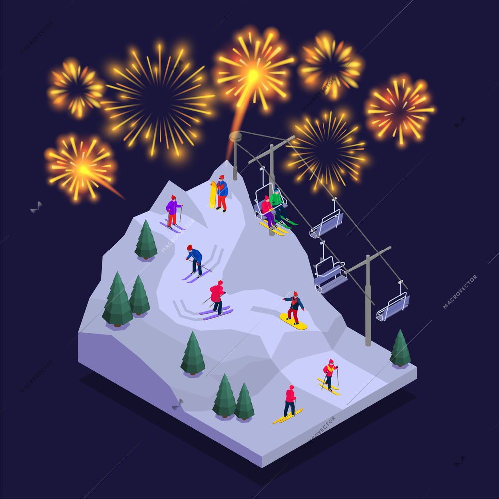 Isometric composition with winter ski resort and fireworks isometric vector illustration