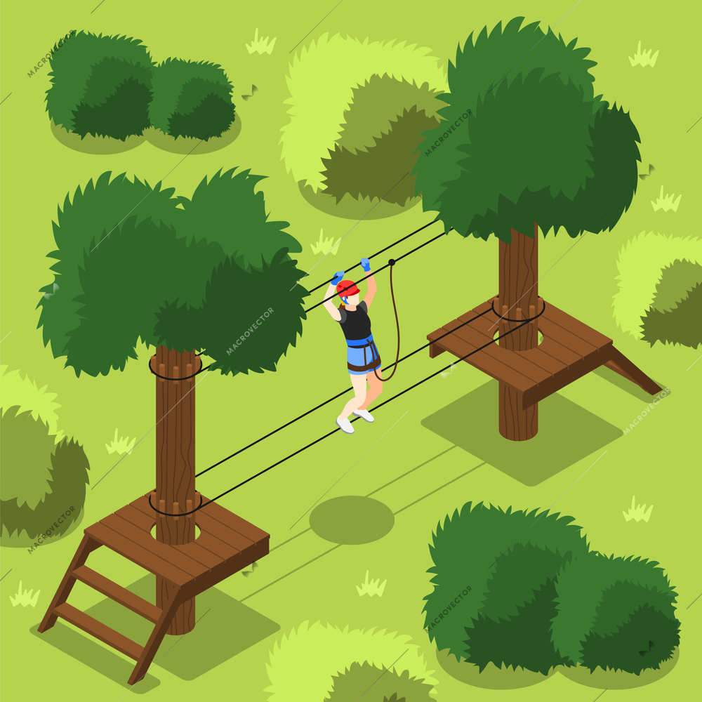 Adventure park isometric background with young female moving along rope way using insurance vector illustration