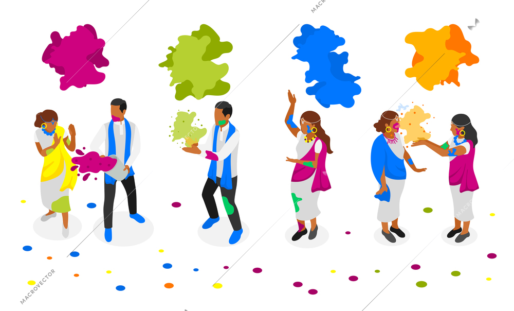 Indian people celebrating holi and showering each other with colored powder isometric composition vector illustration