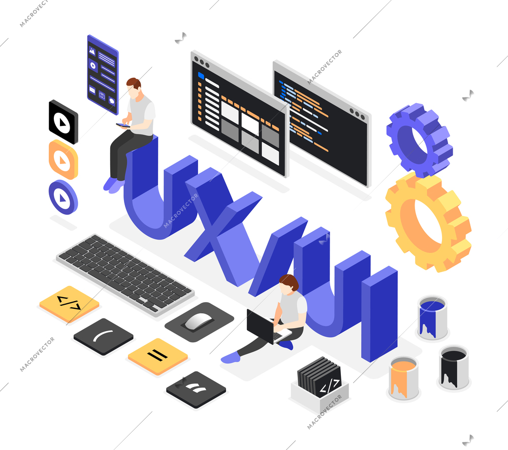 User interface development isometric composition with set of switches buttons active blocks and connections vector illustration