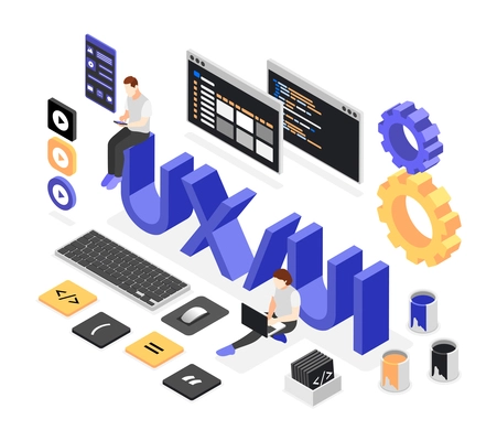 User interface development isometric composition with set of switches buttons active blocks and connections vector illustration