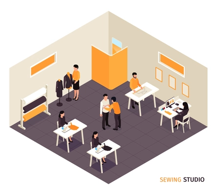 Isometric sewing factory composition with indoor view of tailoring studio with working spaces and human characters vector illustration