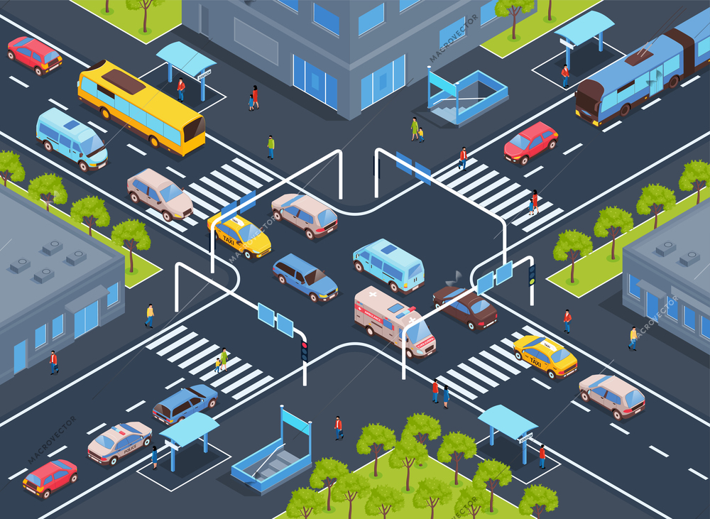Isometric public transport city composition with view of streets intersection with heavy traffic cars and people vector illustration