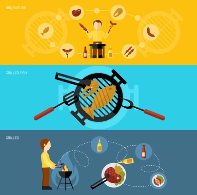 Bbq grill flat horizontal banner set with food cooking elements isolated vector illustration