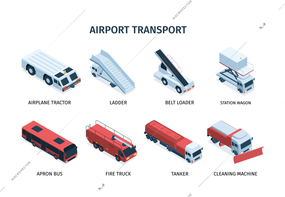 Isometric airport transport set with isolated icons of shuttle buses moving stairs trucks and cleaning machines vector illustration