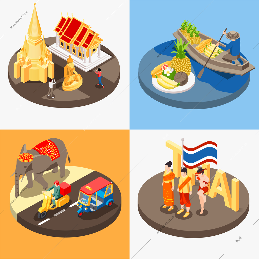 Thailand touristic set with four isolated compositions of round platforms with thai national symbols ancient landmarks vector illustration