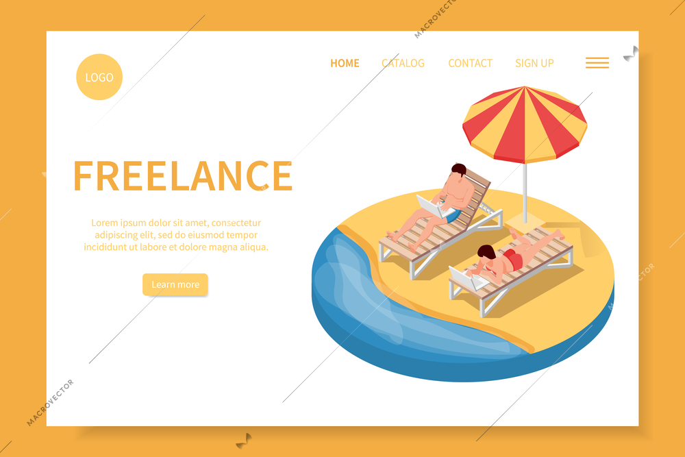 Digital nomads isometric web site landing page with people working on beach editable links text buttons vector illustration