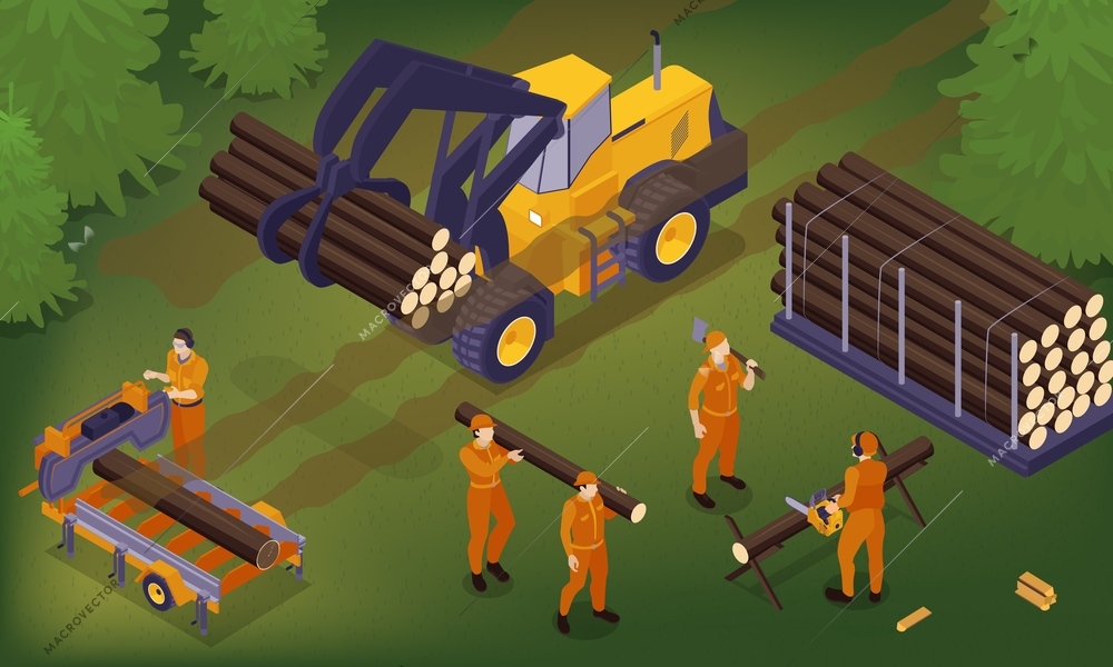 Isometric sawmill composition with forest scenery and workers sawing edging and stacking log with skidding bulldozer vector illustration