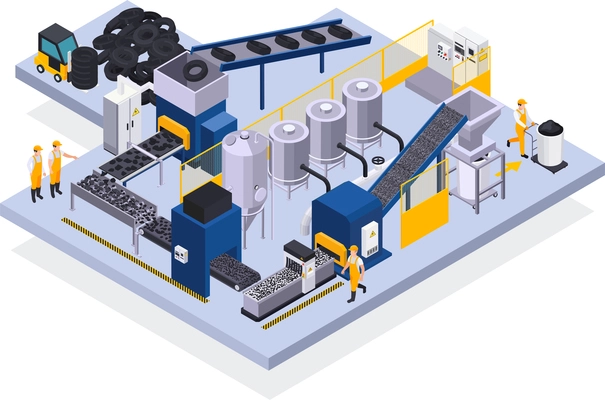 Tire production isometric background with manufacturing stages from raw materials till control quality of finished product vector illustration