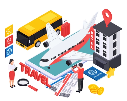 Online booking services in touristic business design concept with smartphone hotel bus airplane isometric icons vector illustration