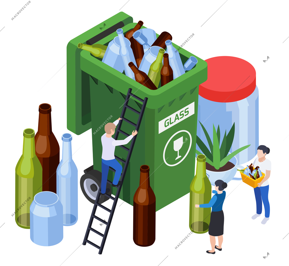 Zero waste isometric concept with small people characters near large green plastic bin filled with glass bottles vector illustration