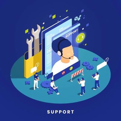 Technical support isometric concept with characters of operators customers cogwheels on blue background 3d vector illustration
