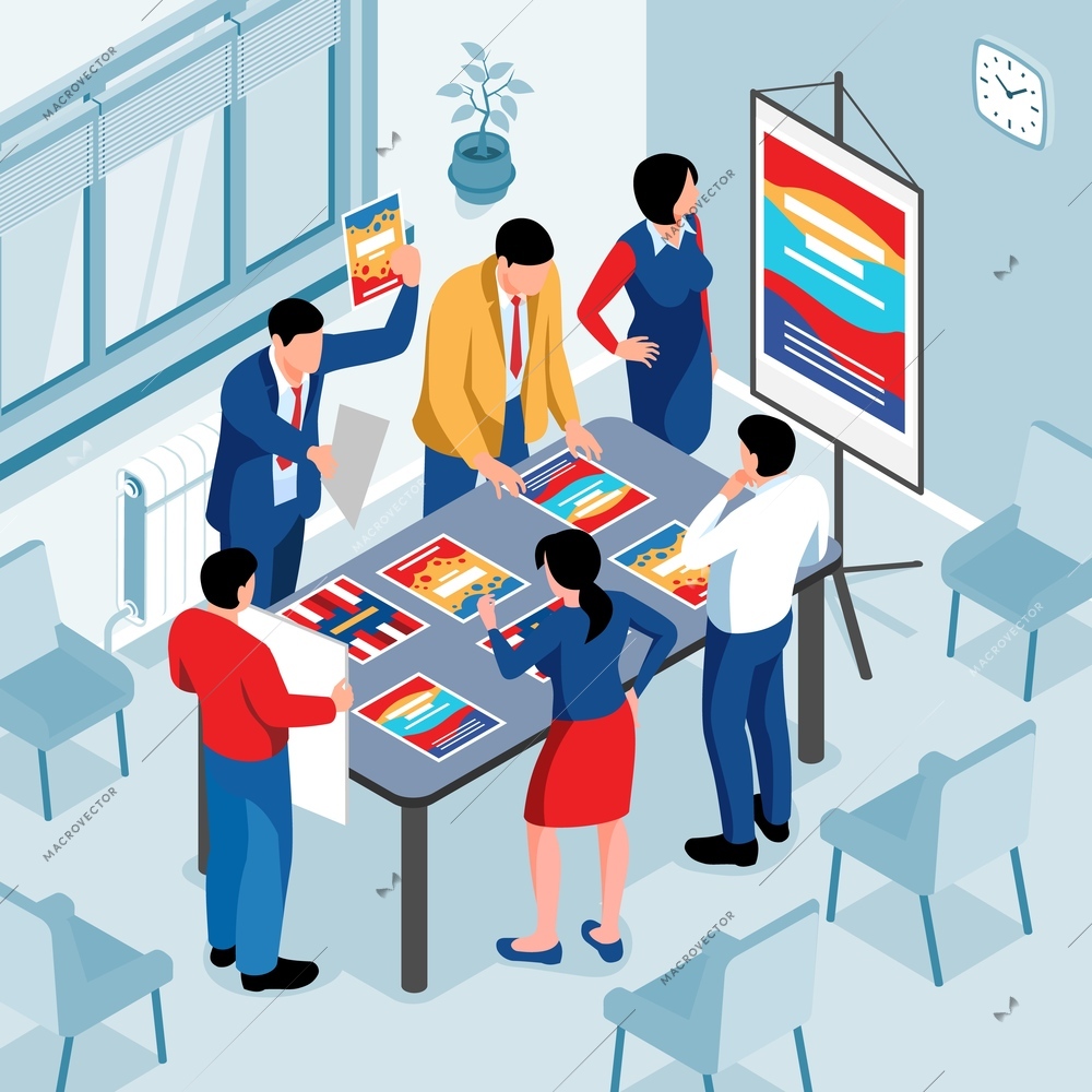 Isometric advertising agency composition with indoor office scenery and view of meeting of creative coworkers team vector illustration