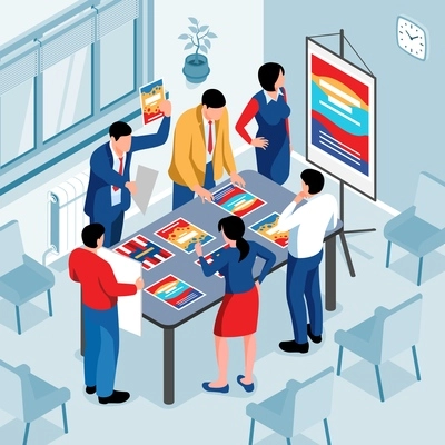 Isometric advertising agency composition with indoor office scenery and view of meeting of creative coworkers team vector illustration