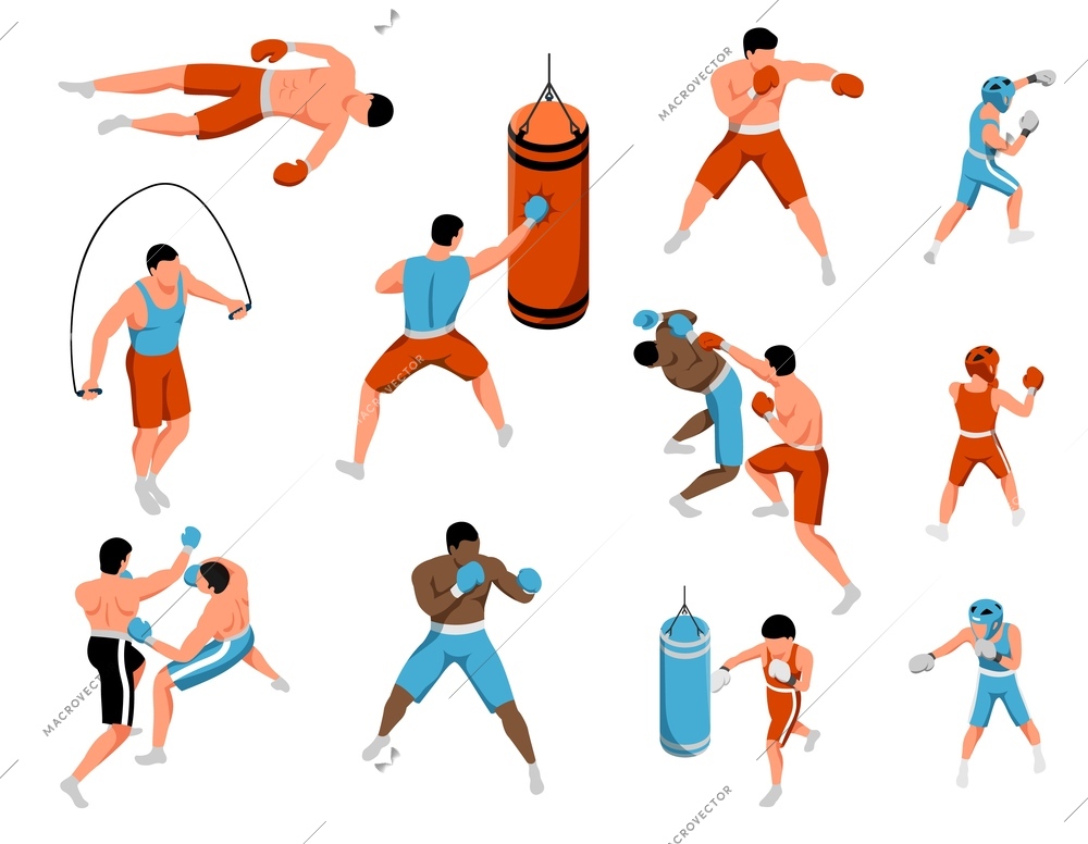 Isometric boxing kids set with isolated icons of growing sportsmen with skipping rope and punching bag vector illustration